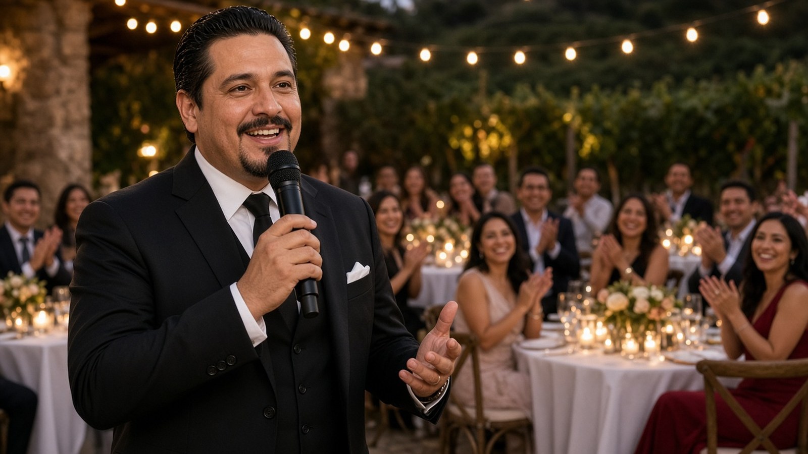 Sharp bilingual wedding DJ and MC in a dark suit smiling on a wireless microphone during Temecula winery wedding reception introductions