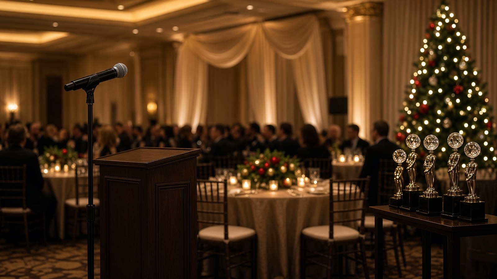 Wireless microphone and podium beside award trophies at a company Christmas party in a hotel ballroom