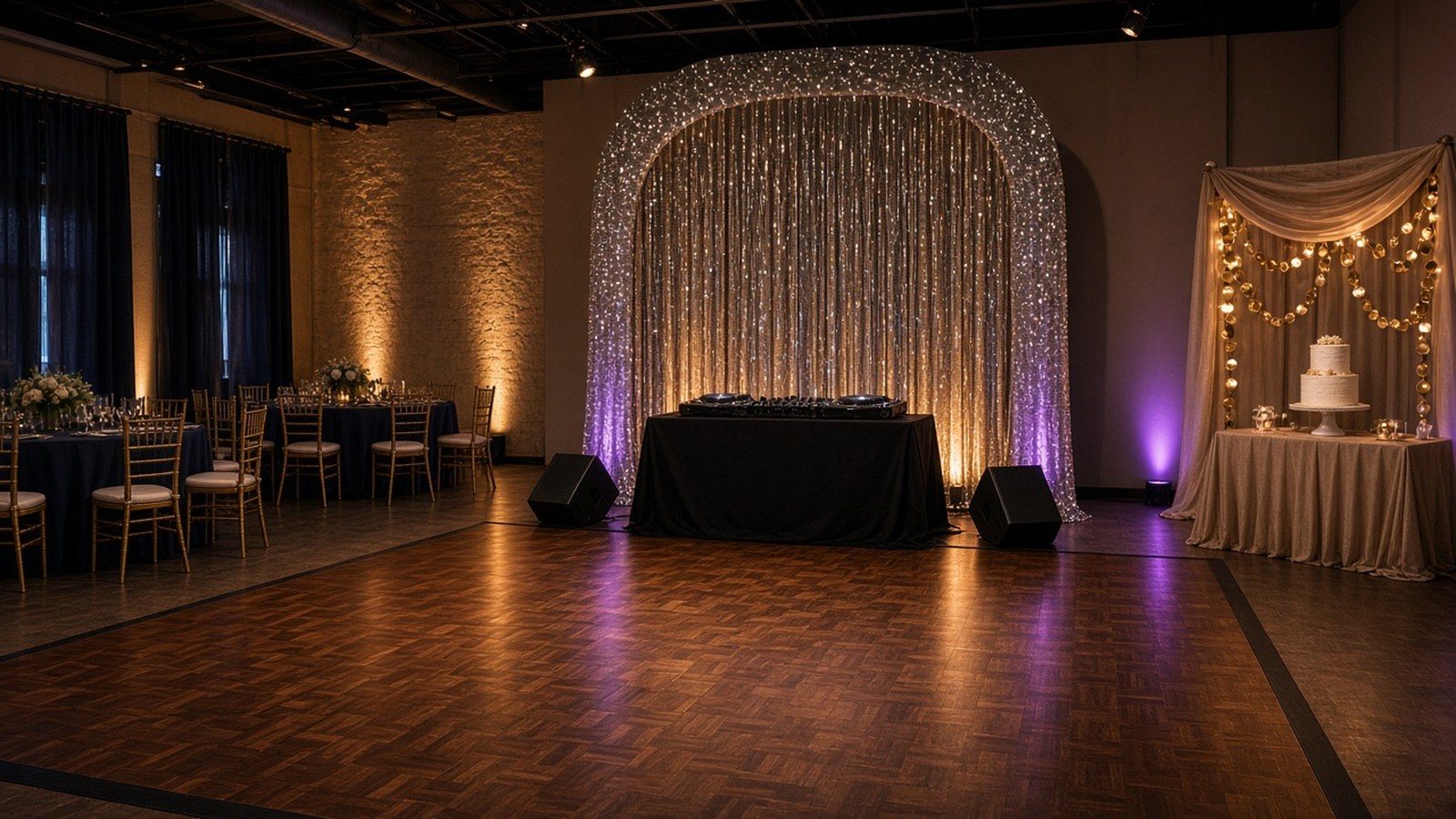 Empty event hall with a DJ booth and speakers in front of a silver foil backdrop facing the dance floor, with a garland-framed cake table to the side