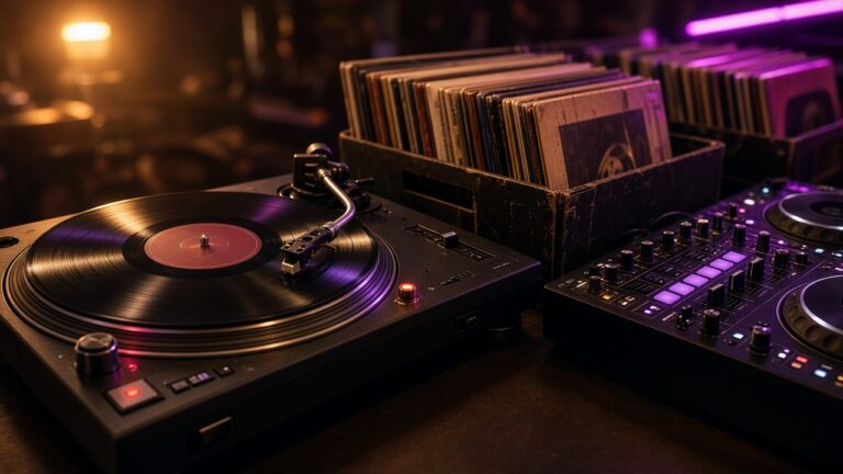 Classic Technics 1200 turntable spinning vinyl alongside record crates and a digital DJ mixer