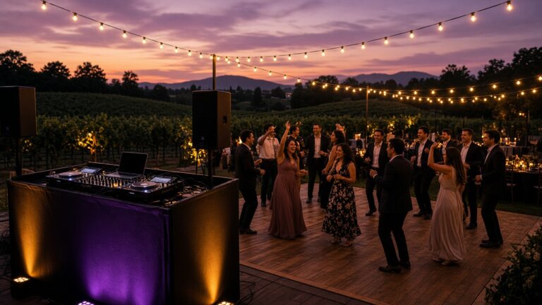 Temecula Valley winery wedding reception with DJ booth, uplighting, and guests dancing under bistro lights