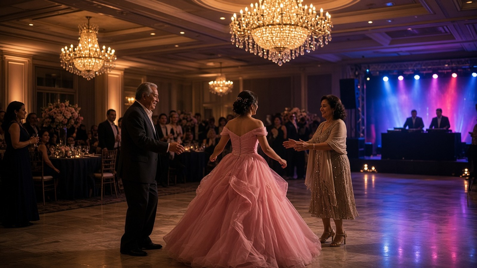 Quinceañera in a pink ball gown dancing with family in a chandelier-lit Temecula ballroom