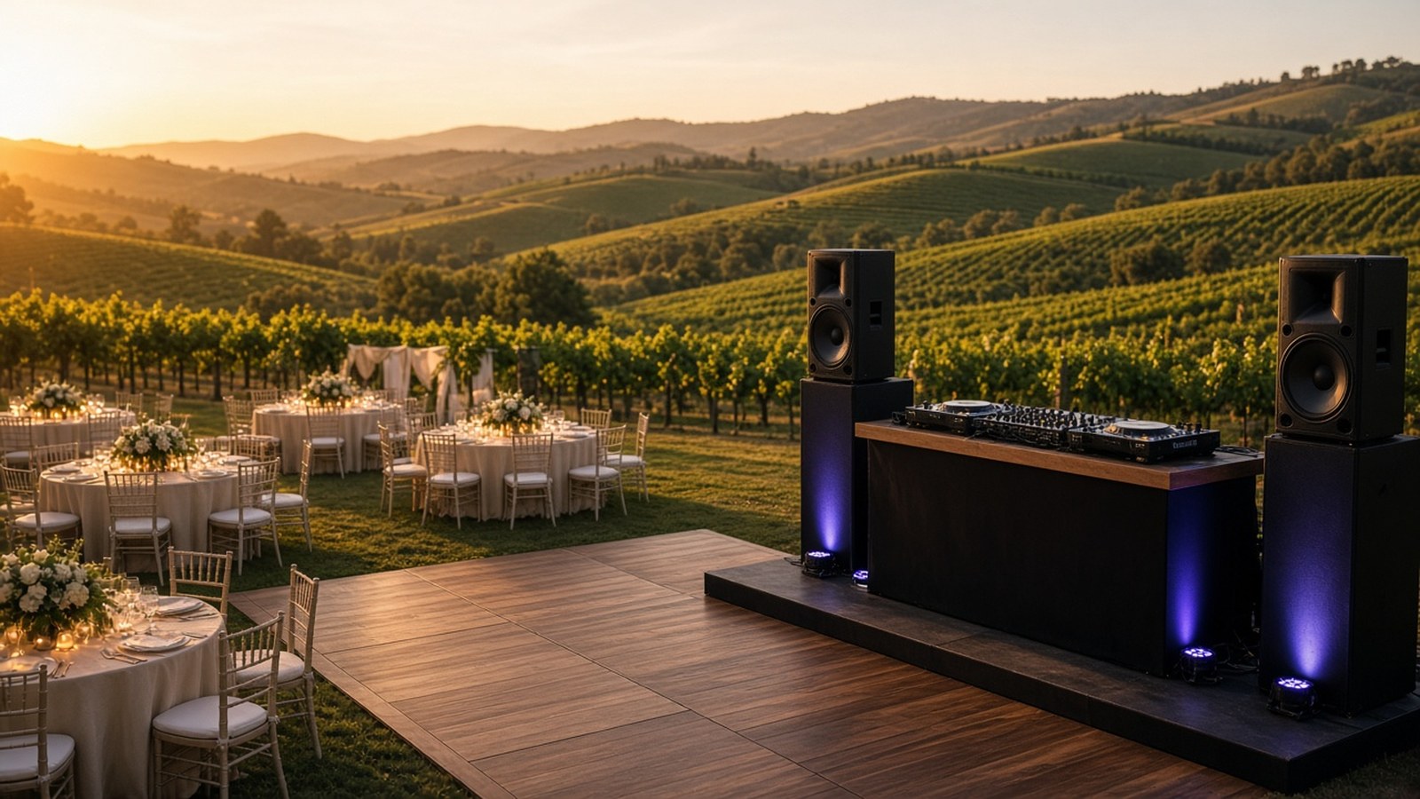 DJ booth with speakers and uplighting beside a dance floor at a Temecula vineyard wedding at golden hour