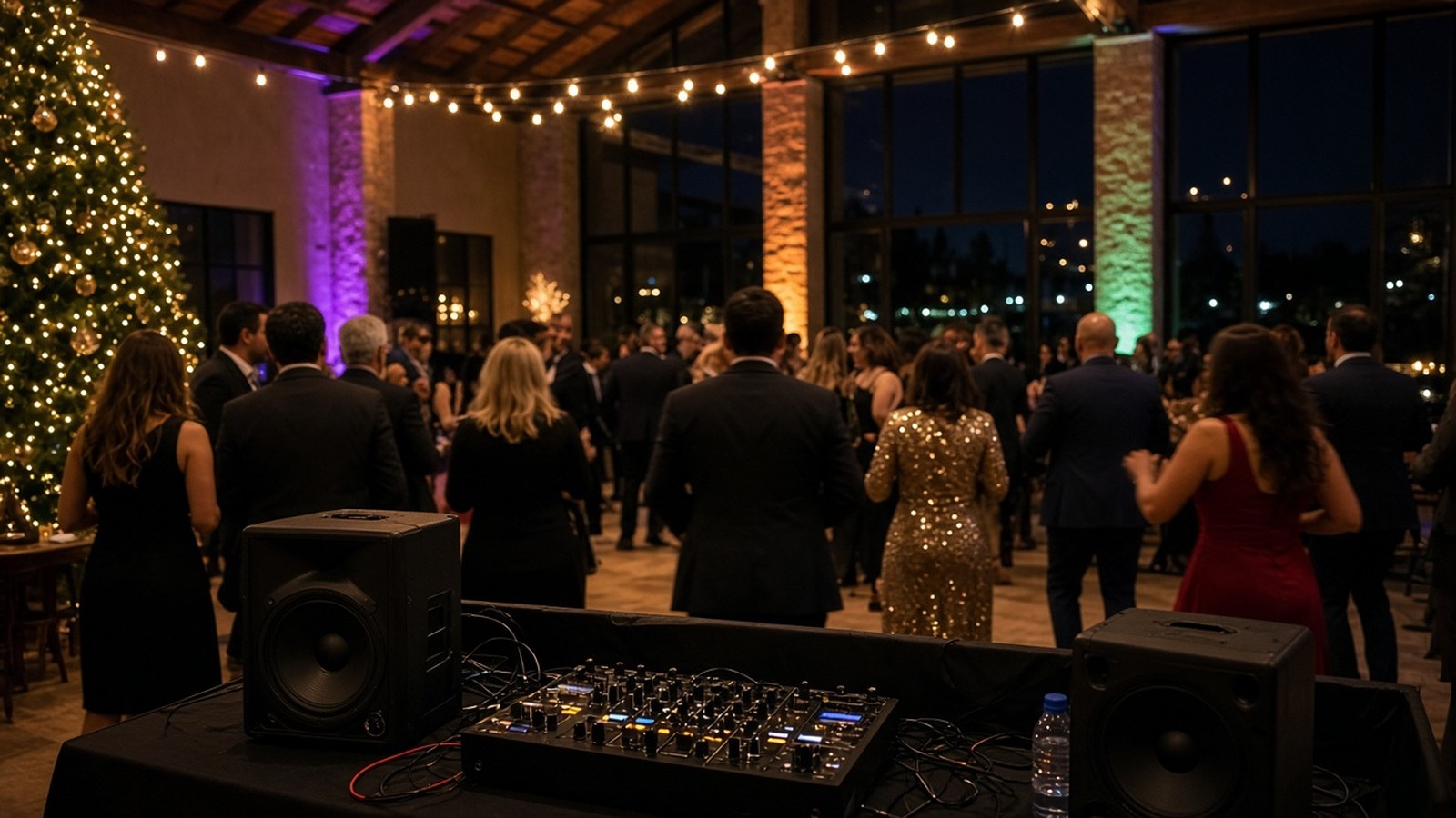 DJ booth with speakers overlooking guests dancing at a company holiday party in a Temecula winery event room with a lit Christmas tree