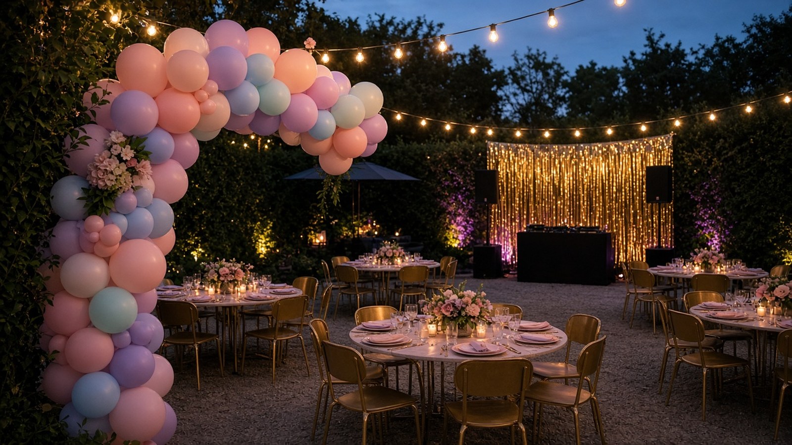 Backyard party at dusk with a pastel balloon arch, string lights, themed table settings and a DJ booth in front of a gold foil backdrop