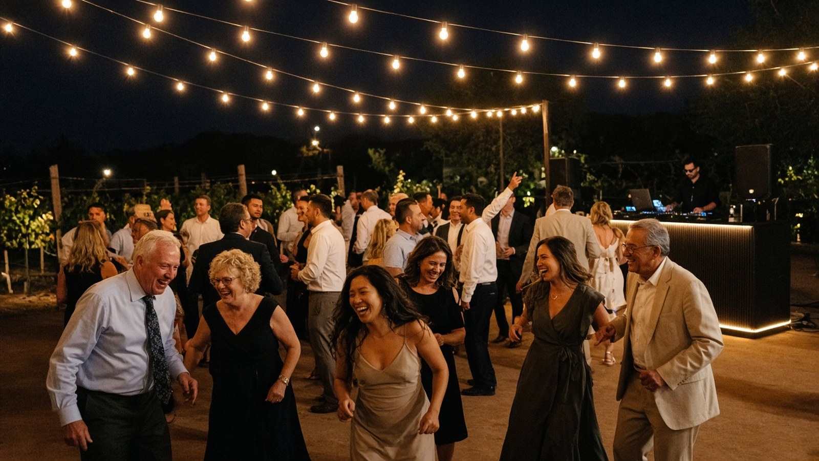 Multi-generational wedding guests dancing under warm bistro lights at an outdoor Temecula winery wedding reception with DJ C-Zer booth