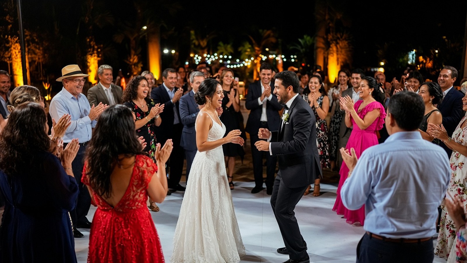 Vibrant Latin and bilingual wedding reception dance circle at night with guests laughing and clapping around the bride and groom