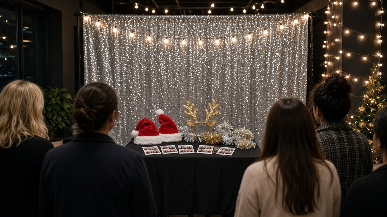 Holiday photo booth with silver sequin backdrop, Santa hats and reindeer antler props at an office party