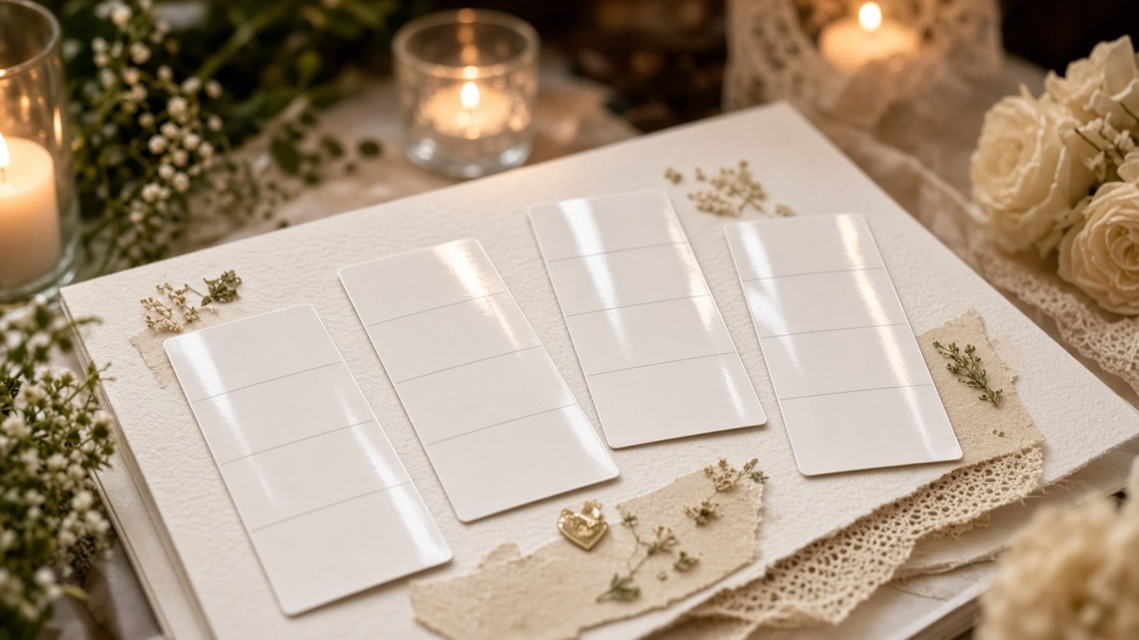 Photo booth print strips laid out on a wedding scrapbook table by candlelight