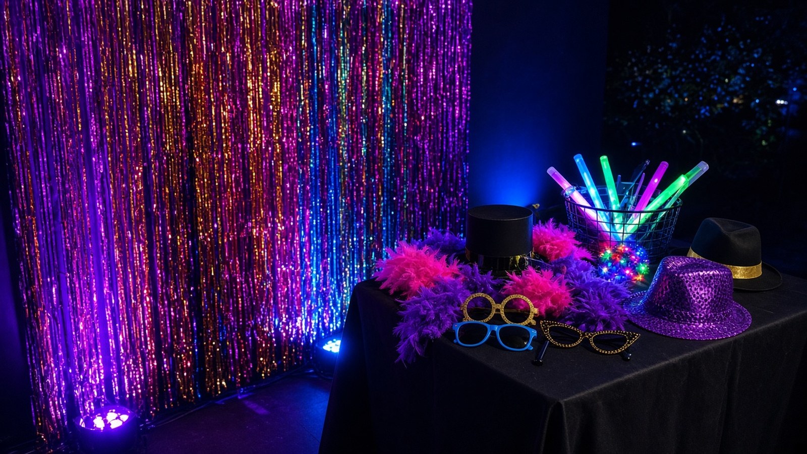 Photo booth corner with a colorful foil backdrop, a table of hats, feather boas and novelty glasses, and a basket of glow sticks under purple uplighting