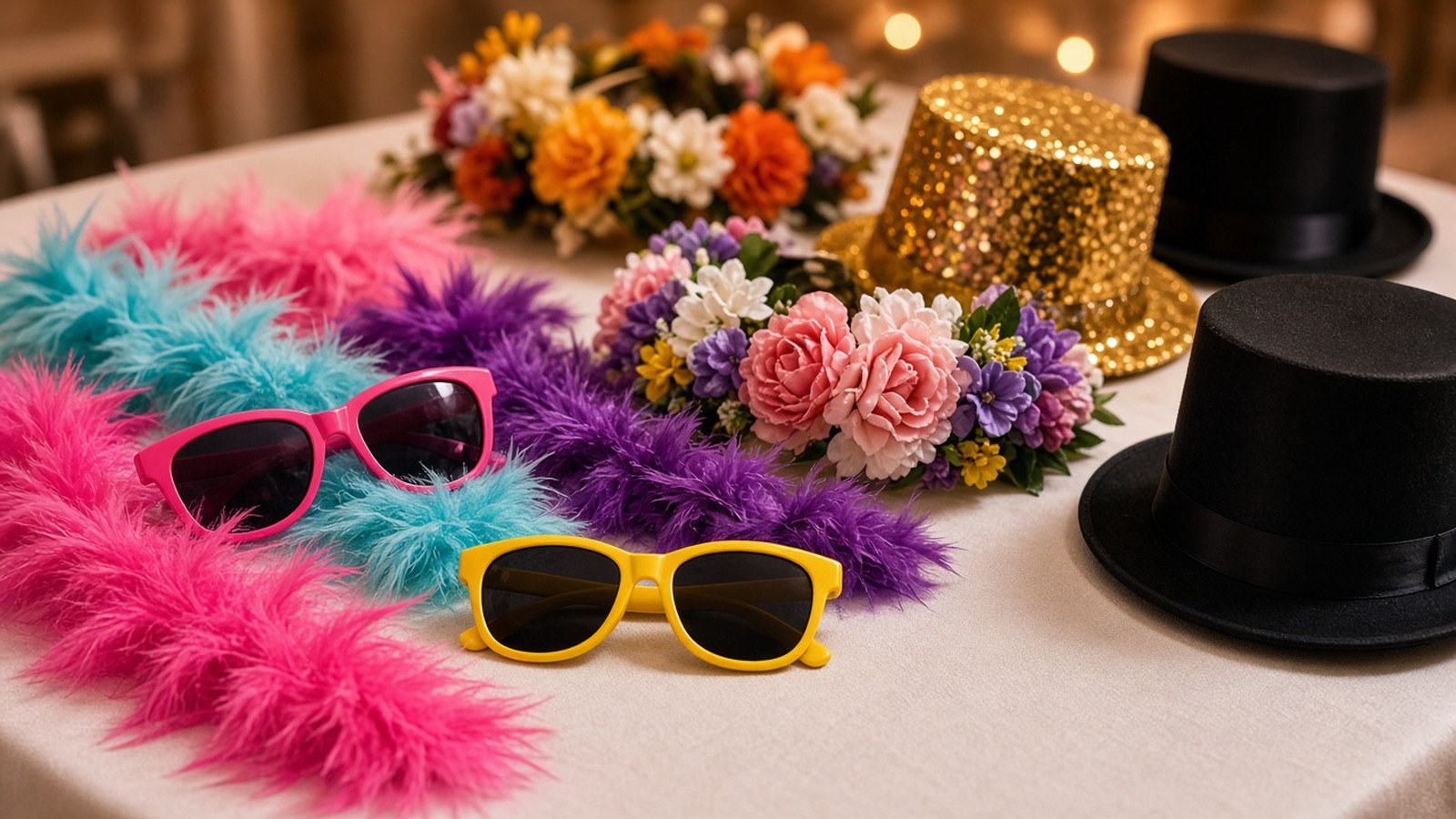 Photo booth prop table with feather boas, sunglasses, top hats and flower crowns