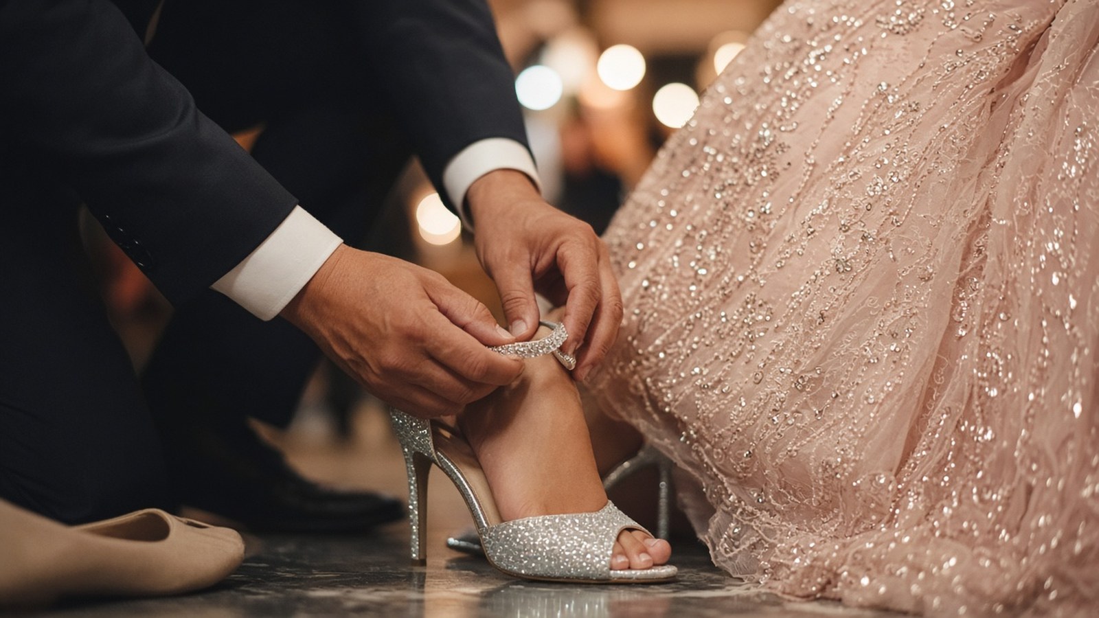Father helping change his daughter's shoes into sparkly heels during a quinceañera