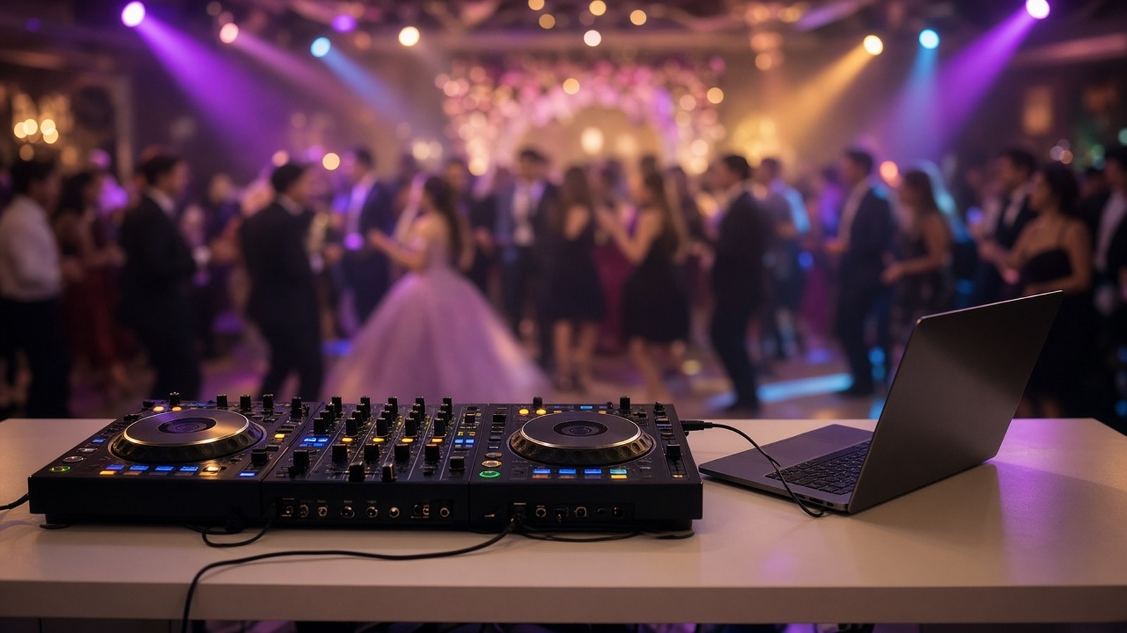 DJ controller and laptop at a quinceañera with guests dancing under colorful lights