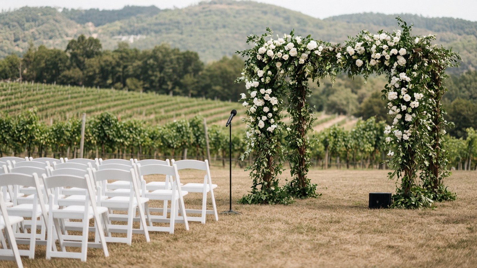Wireless microphone and discreet speaker set up by a floral arch for an outdoor vineyard wedding ceremony