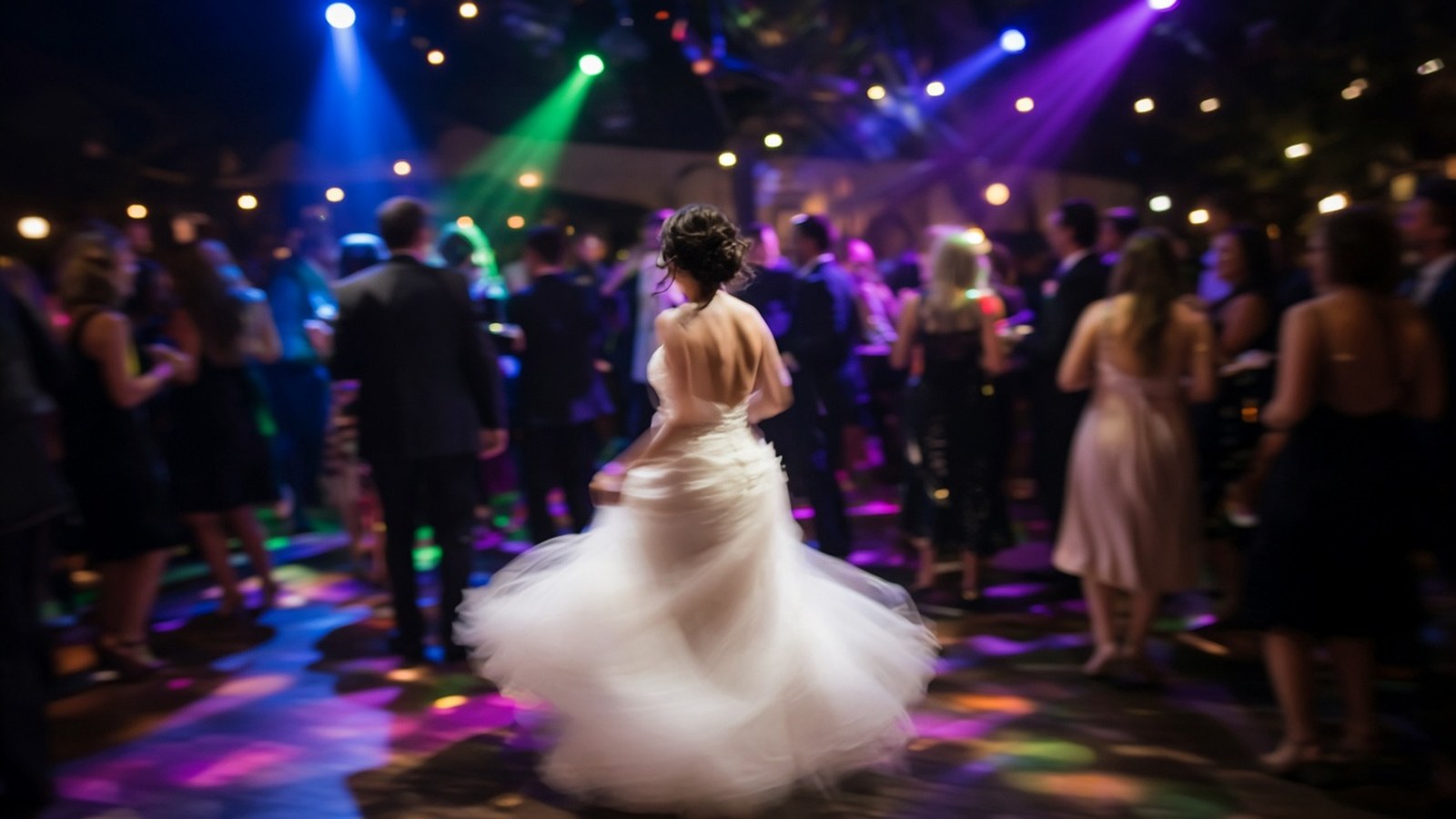 Bride dancing on a packed wedding reception dance floor under colorful lights